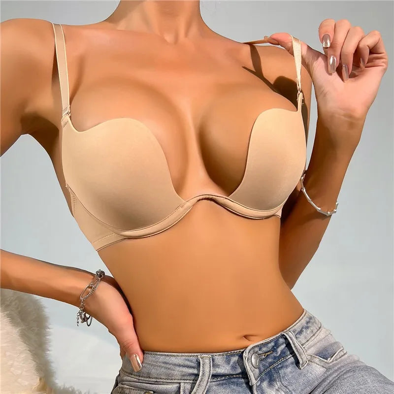 Women Push Up Bra Backless Low Cut Sexy Plunge Brassiere Open Back U-Shape Seamless