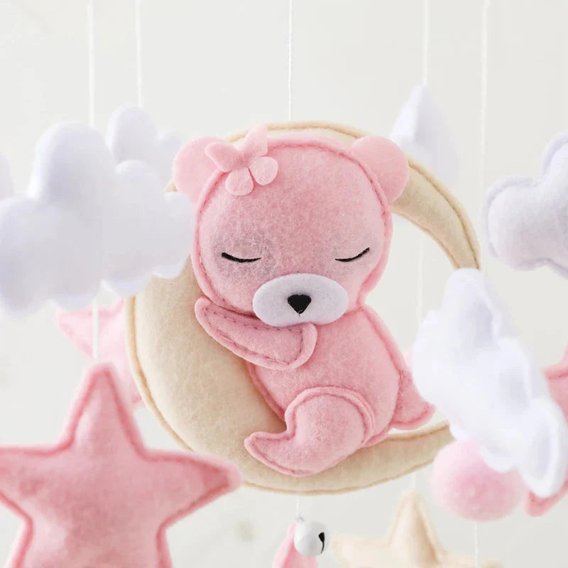 Crib Mobile Rattle Wooden Baby Bell with Felt Cartoon Bear Toys
