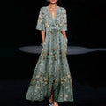 Elegant Women V Neck Belted Party Long Dress Sexy Printing A-Line