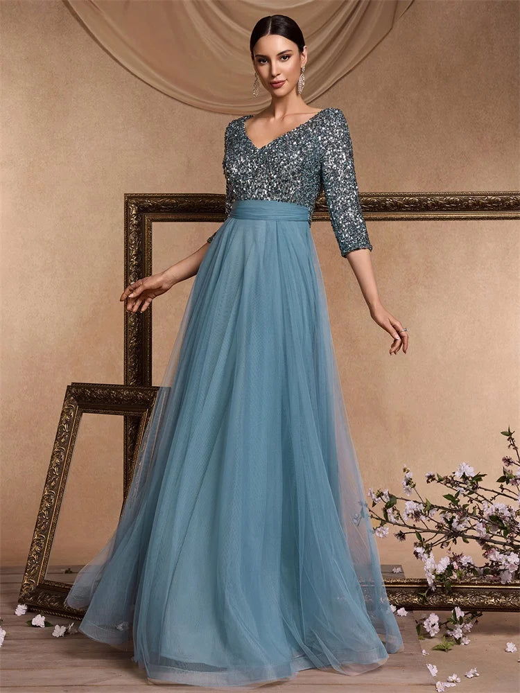 Luxury Floor Length V-Neck Evening Dress Party Maxi Dress Sequin Short Sleeves Prom Cocktail Gown