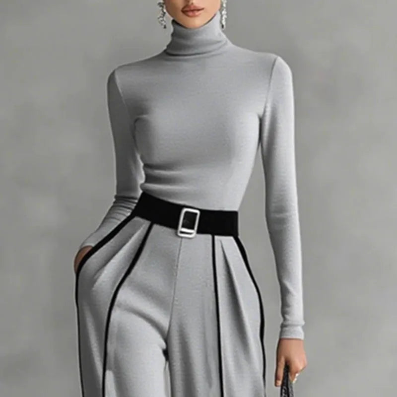 2 Piece Set Autumn/Winter Striped Print Elegant Stand Collar Slim Top Pullover & Wide Leg Trousers Suit