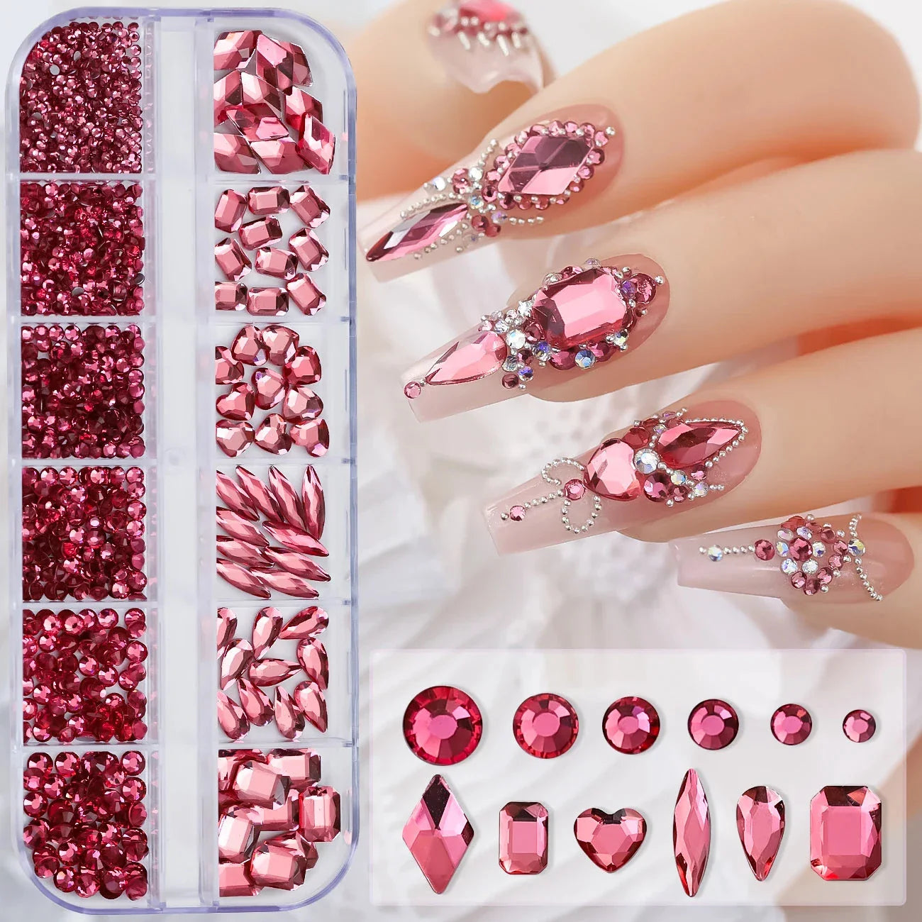 12 Grids Mixed Nail Rhinestones - SS6-SS30 Flat-Back Glass Gems for Nail Art