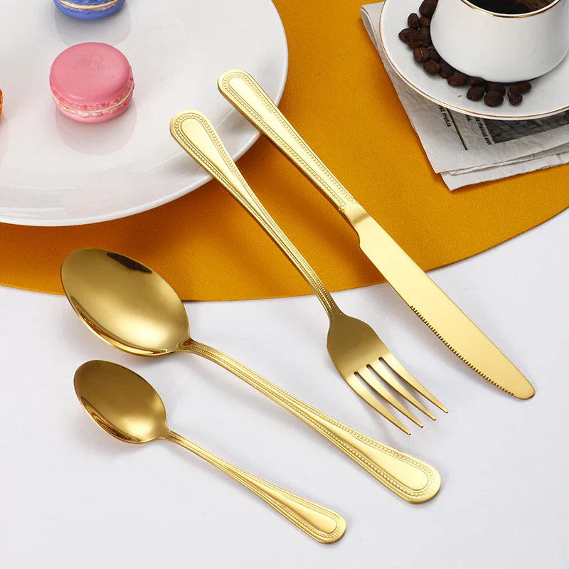 24pc Stainless steel gold cutlery set knife fork spoon steak knife fork dessert fork spoon retro suitable for restaurant kitchen