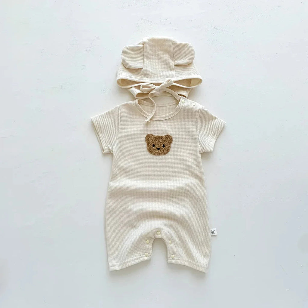 New In Summer Kids Baby Girls Boys Short Sleeve Waffle Patch Bear Infant Newborn Jumpsuits Cotton Romper Gift Hat with Ear