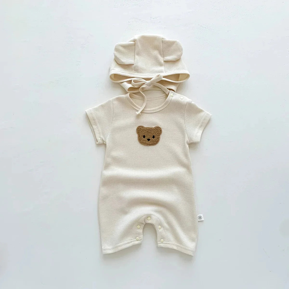 New In Summer Kids Baby Girls Boys Short Sleeve Waffle Patch Bear Infant Newborn Jumpsuits Cotton Romper Gift Hat with Ear