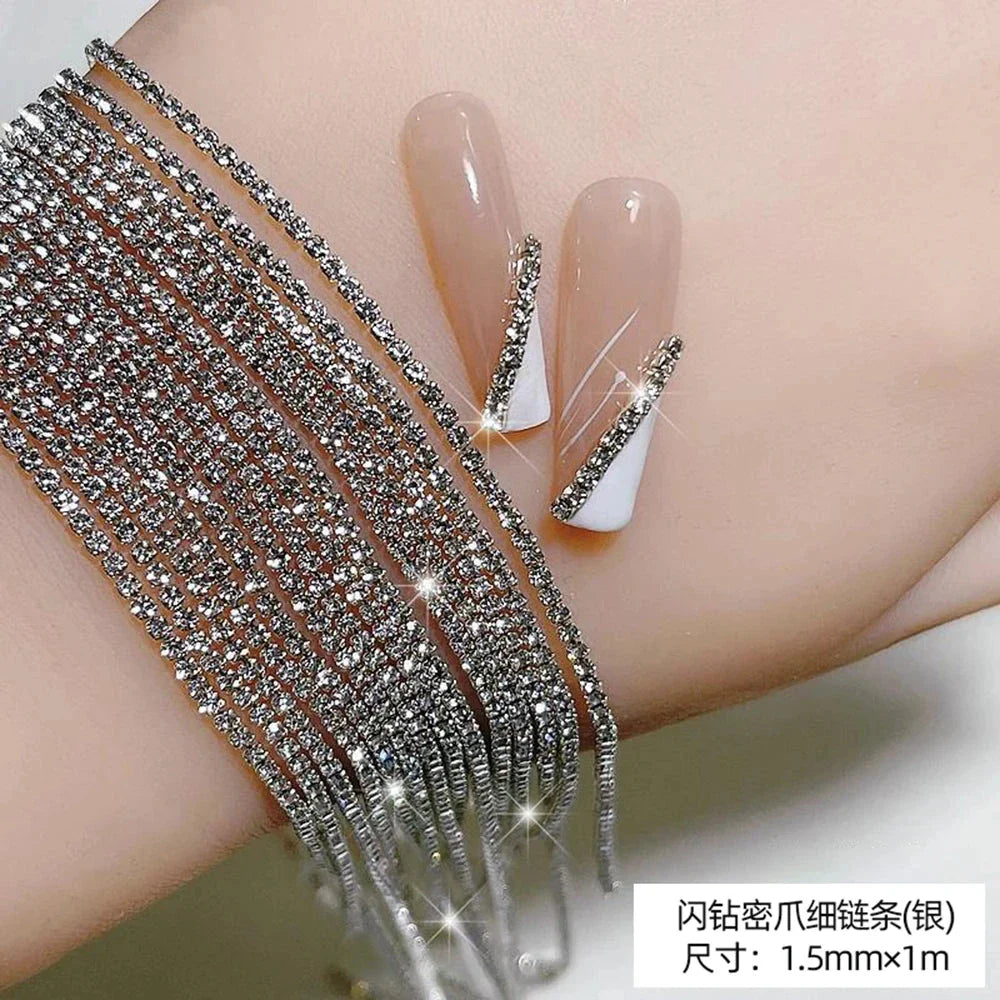 100/50cm Luxury Crystal Chain Nail Charms - 1.5/2mm Clear & AB Diamond Nail Art Decoration
