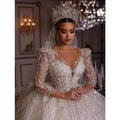 Luxury Elegant Wedding Dress V-Neck Long-Sleeve Lace Appliques A-Line Puffy Skirt Tulle Bridal Gown Customized