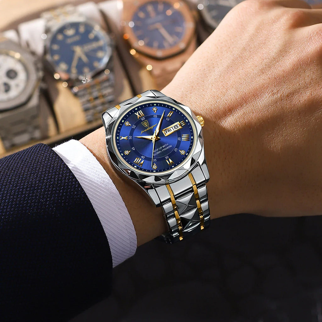 POEDAGAR Top Brand Luxury Men's Waterproof Stainless Steel Quartz Watch Luminous Calendar Week