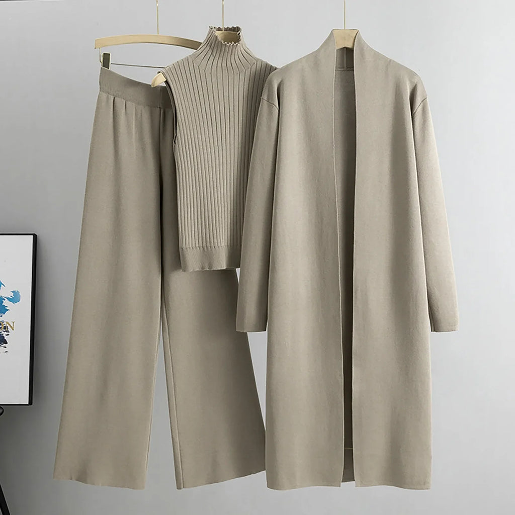 3 Piece Outfits Sweater Pullover Top & Knitted Long Cardigan & Wide Leg Pants Suits