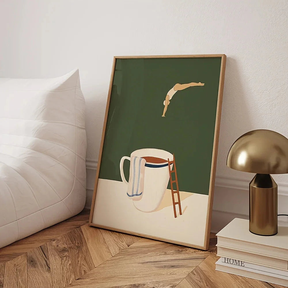 Retro Coffee Diving Poster Canvas Wall Art | Good Morning Coffee Print