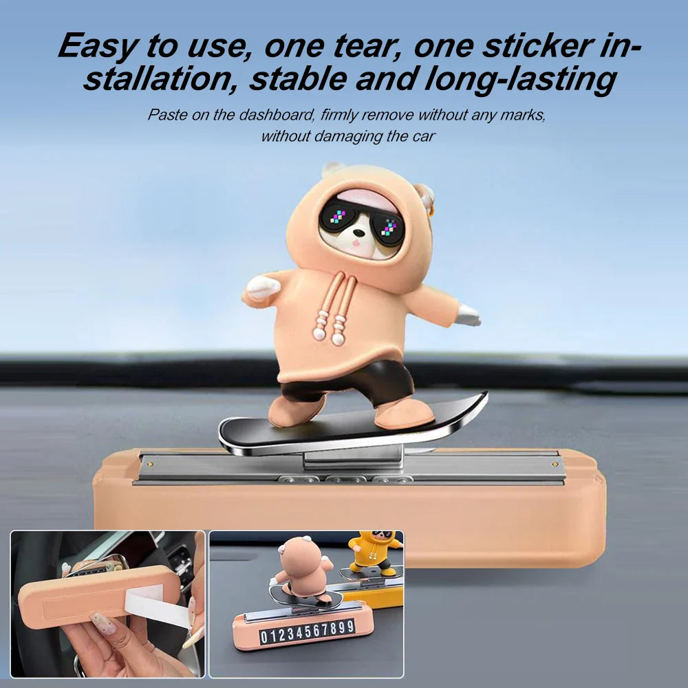 New Dashboard Car Decorations Skateboard Bear Magnetic Parking Number Plate Creative Car Cartoon Interior Interior Accessories