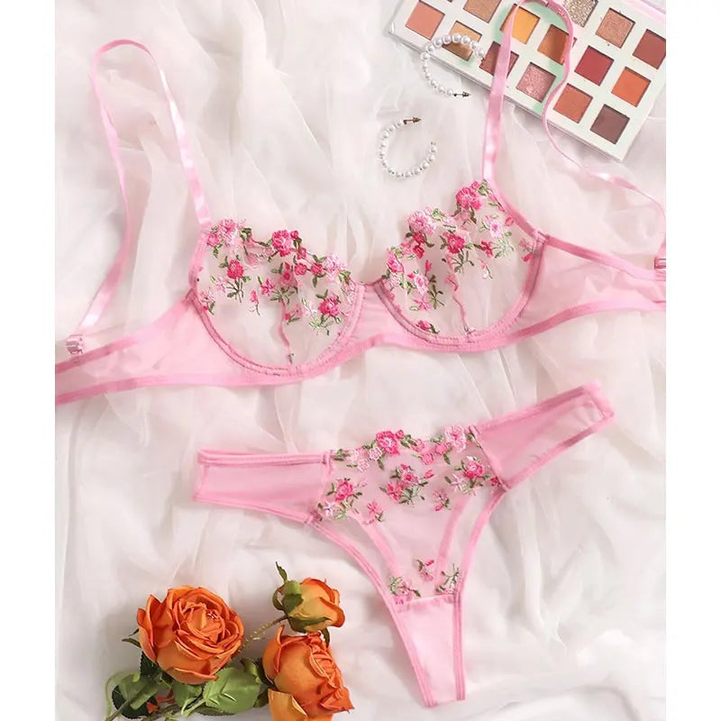 Beautiful Women Sexy 2 Piece Floral Embroidery Underwear Sets