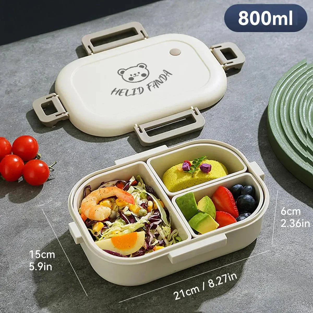 3-Compartment 800ml Lunch Box – Portable Microwaveable Bento Container