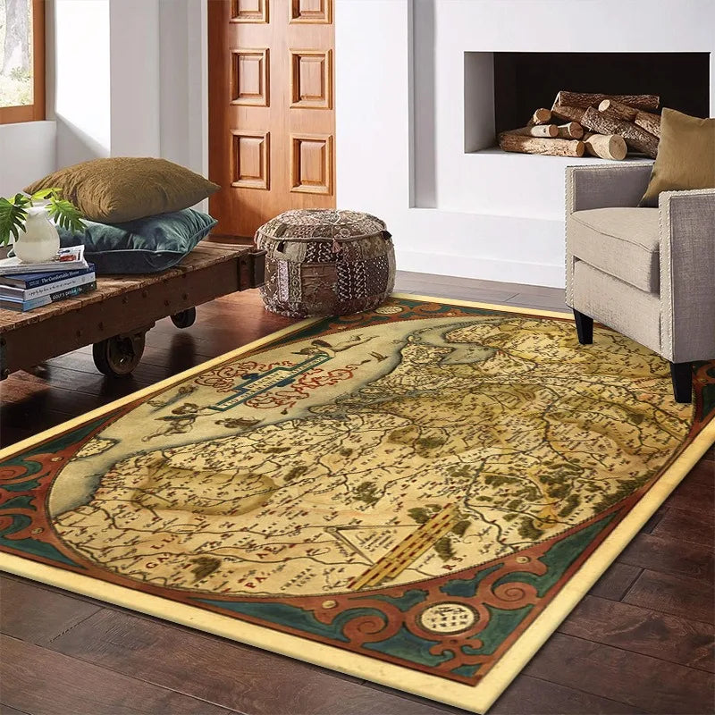 Retro Art World Map Living Room Rug Soft and Non Slip Large Carpet Office Study