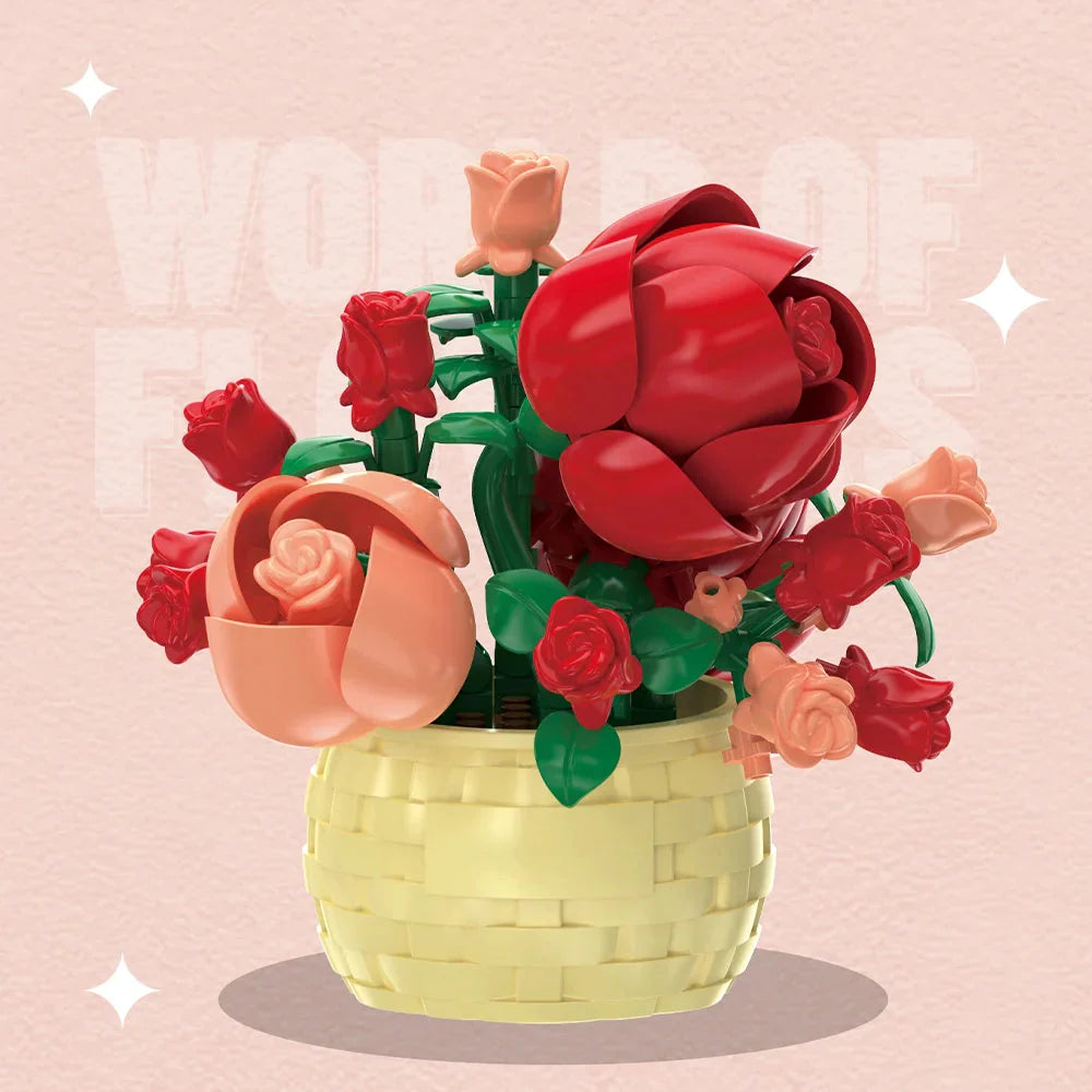 DIY Potted Plant Building Blocks Set - Rose Sunflower Succulents Bonsai Tree Romantic Garden Kids Model Bricks Toy Kit