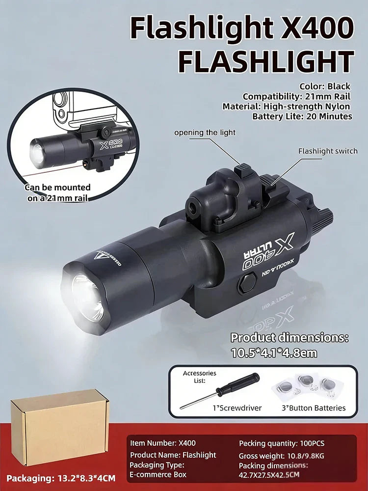 X400U Two-in-one High-intensity Flashlight  : Fits 20mm Rail, Toy Airsoft Guns, Hunting, CS Matches & Wargames emit a red glow