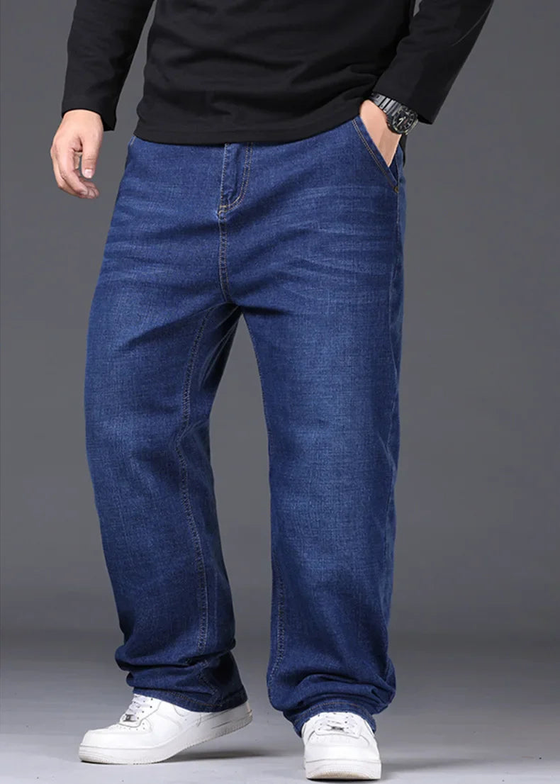 34-50 Sizes Men's Stretch Jeans Straight Leg Denim Pants Extended Sizing Blue/Black Streetwear Relaxed Fit for Work & Casual
