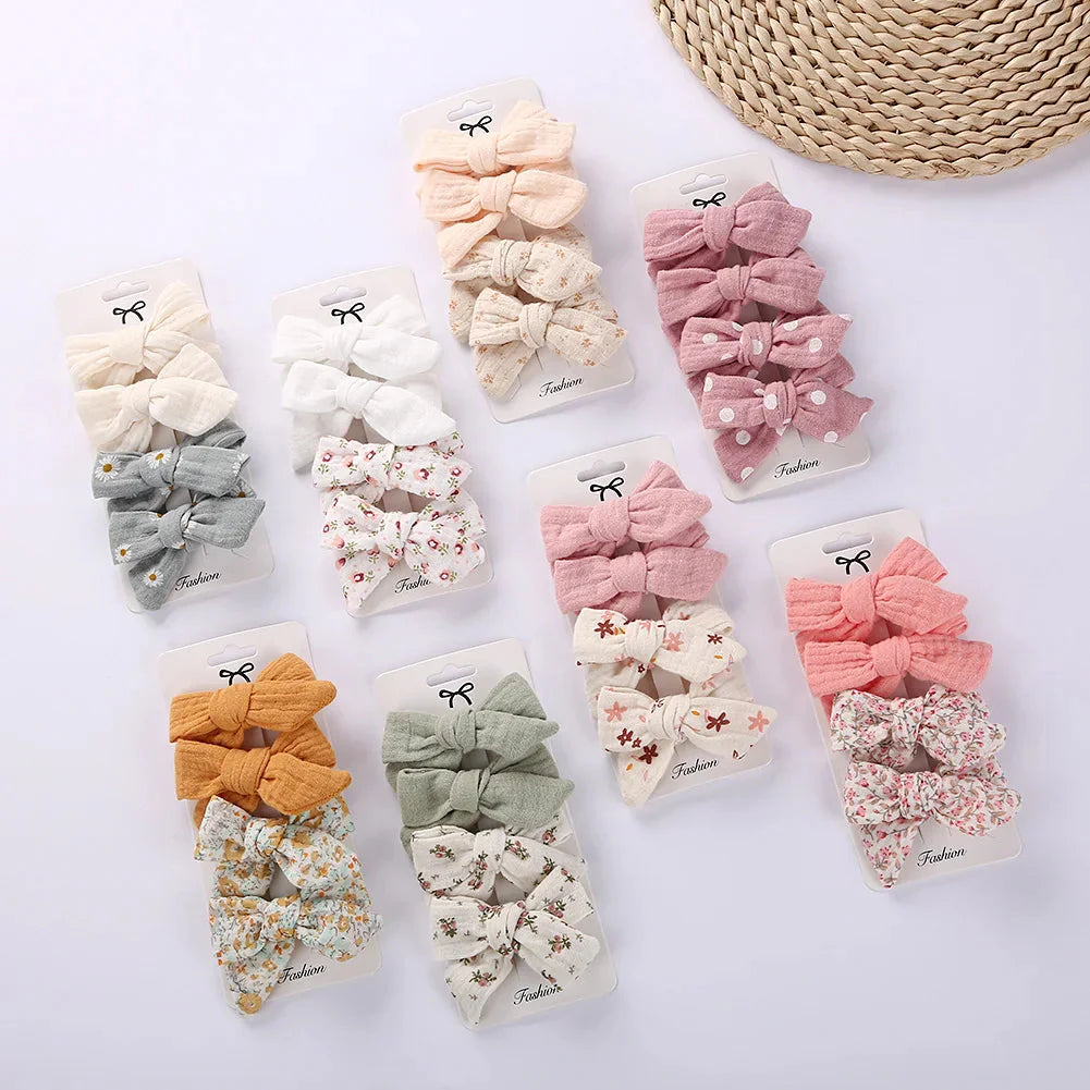 4Pcs Baby Bows Hair Clips Cotton Linen Hairpins for Girls