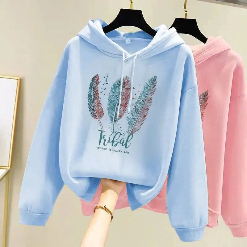 Women’s Feather Print Hoodie – Plus Velvet Loose Sweatshirt for Autumn & Winter Casual Wear