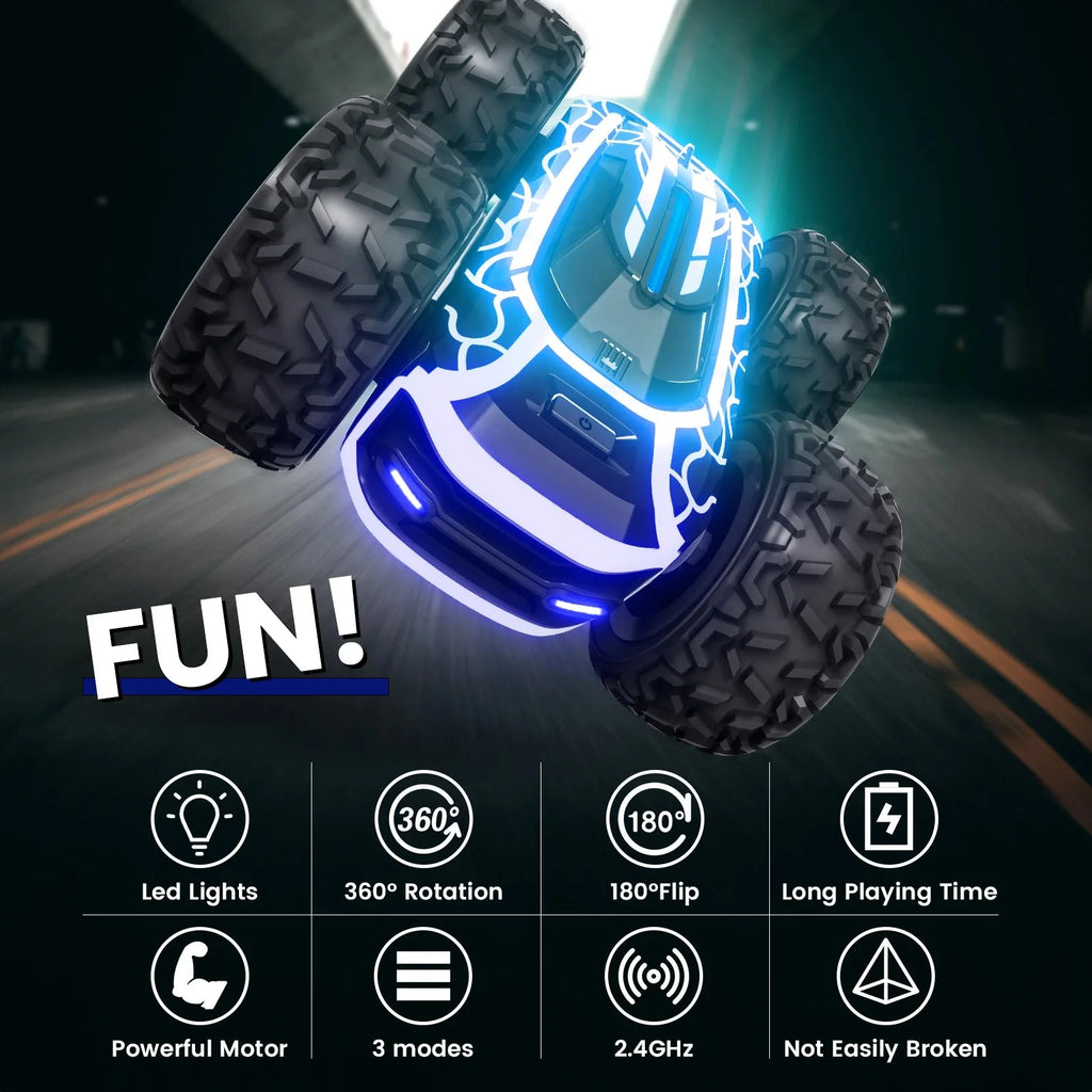 RC Stunt Car with LED Lights - 360° Rotating Double-Sided Remote Control Car for Kids, 2.4GHz, Black