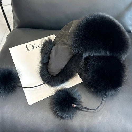 2025 100% Real Fox Fur Hats Women's Russian Ushanka Aviator Trapper Snow Skiing Hat Caps Earflap Winter Raccoon Fur Bomber Hat