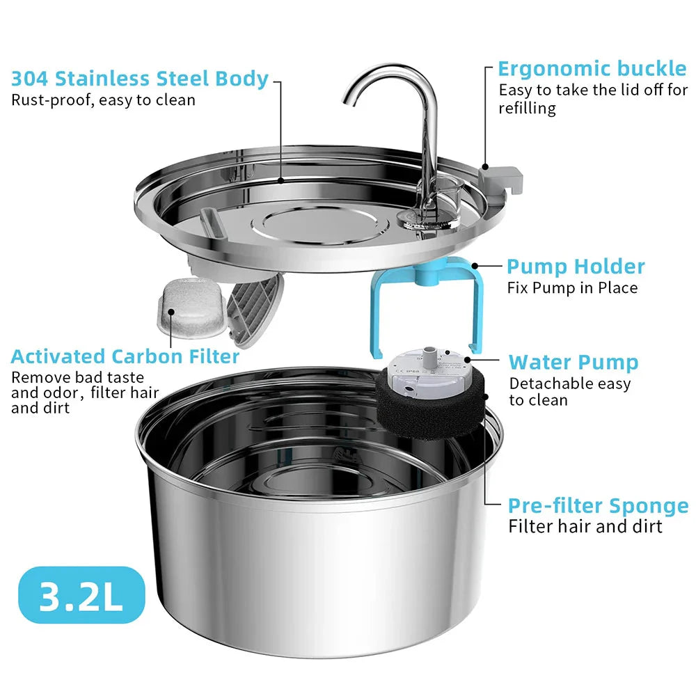 Stainless Steel Pet Water Fountain – USB Automatic Cat & Dog Bowl