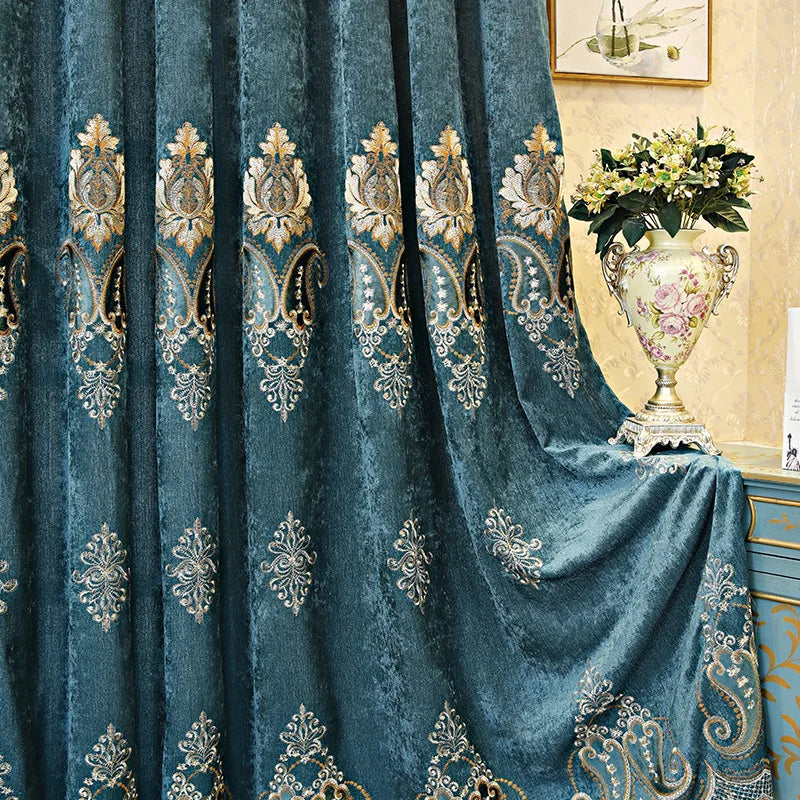 Blue Thickened Embroidery Chenille Shading Curtains for Living Room Bedroom Partition Curtain