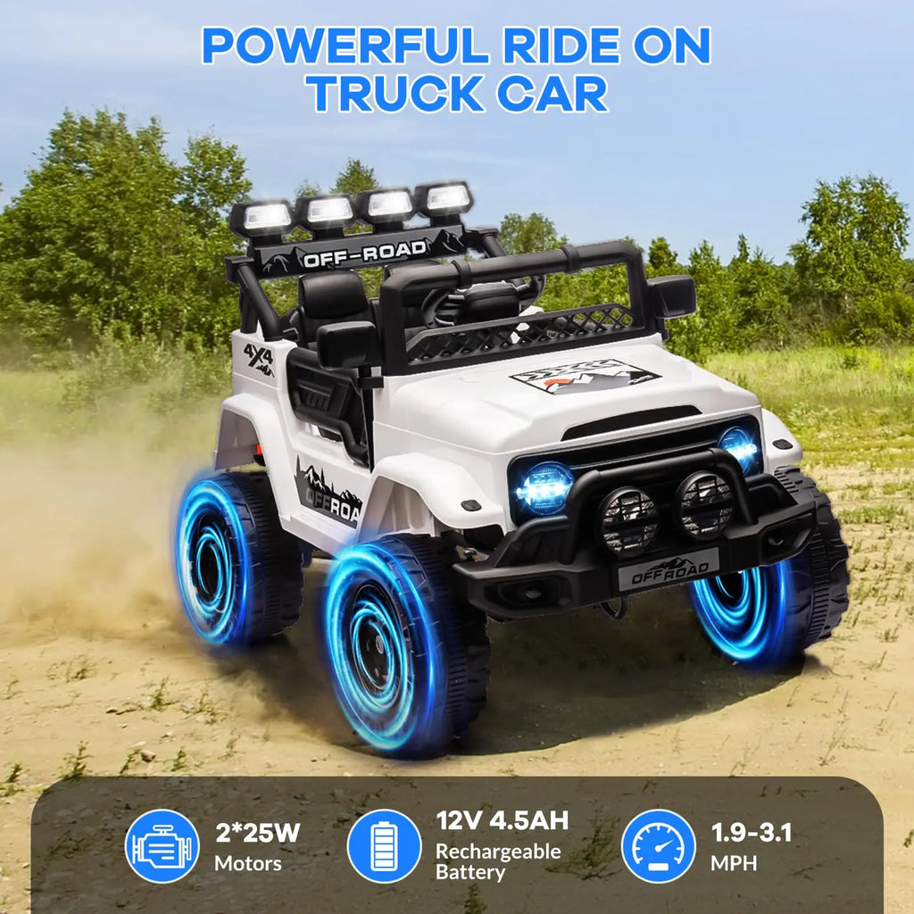 12V Kids Ride On Truck With Remote Control 3 Speeds LED Lights Spring Suspension Dual Motors Long Lasting Battery