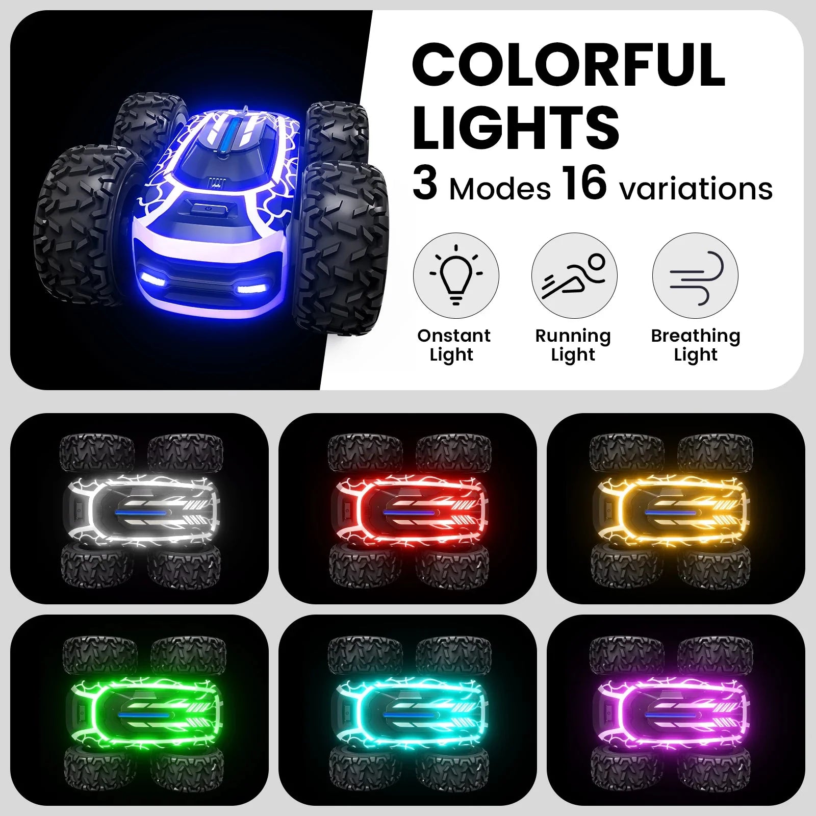 RC Stunt Car with LED Lights - 360° Rotating Double-Sided Remote Control Car for Kids, 2.4GHz, Black