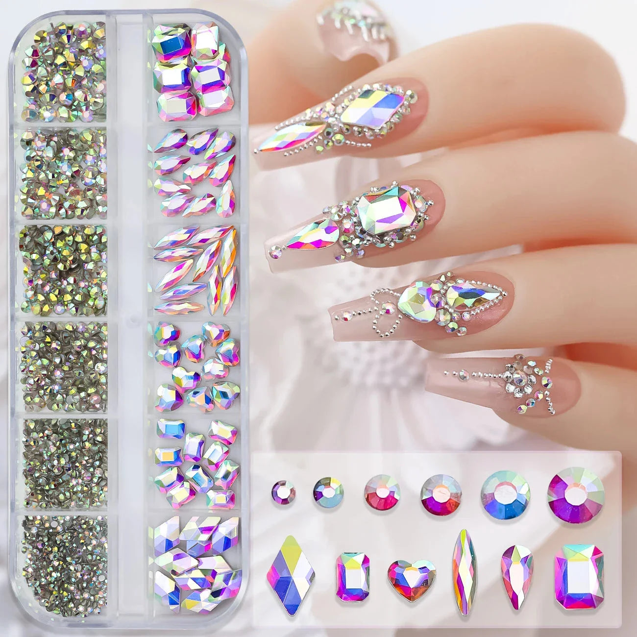 12 Grids Mixed Nail Rhinestones - SS6-SS30 Flat-Back Glass Gems for Nail Art