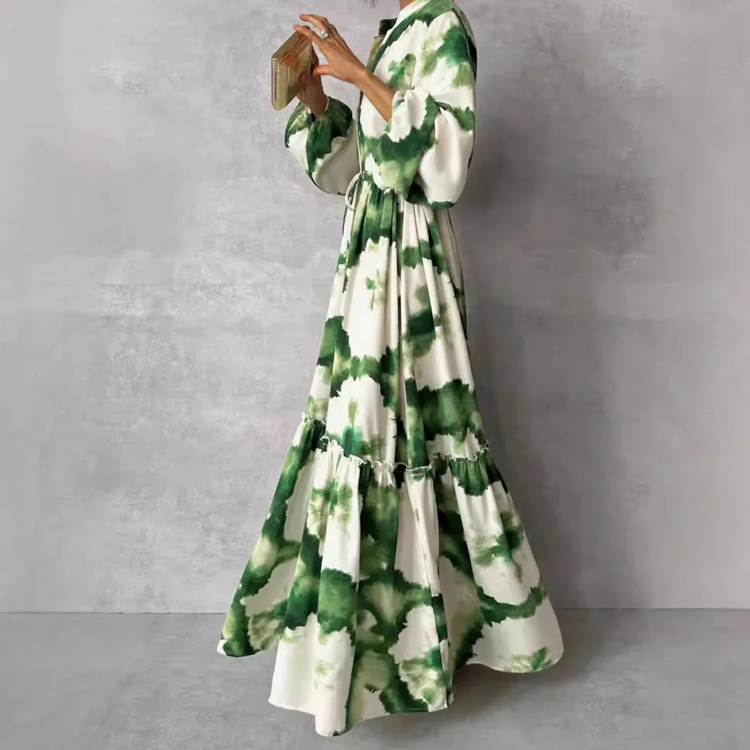 Summer Long Elegant Women Maxi Dresses Green Print Long Sleeve V Neck Waist
