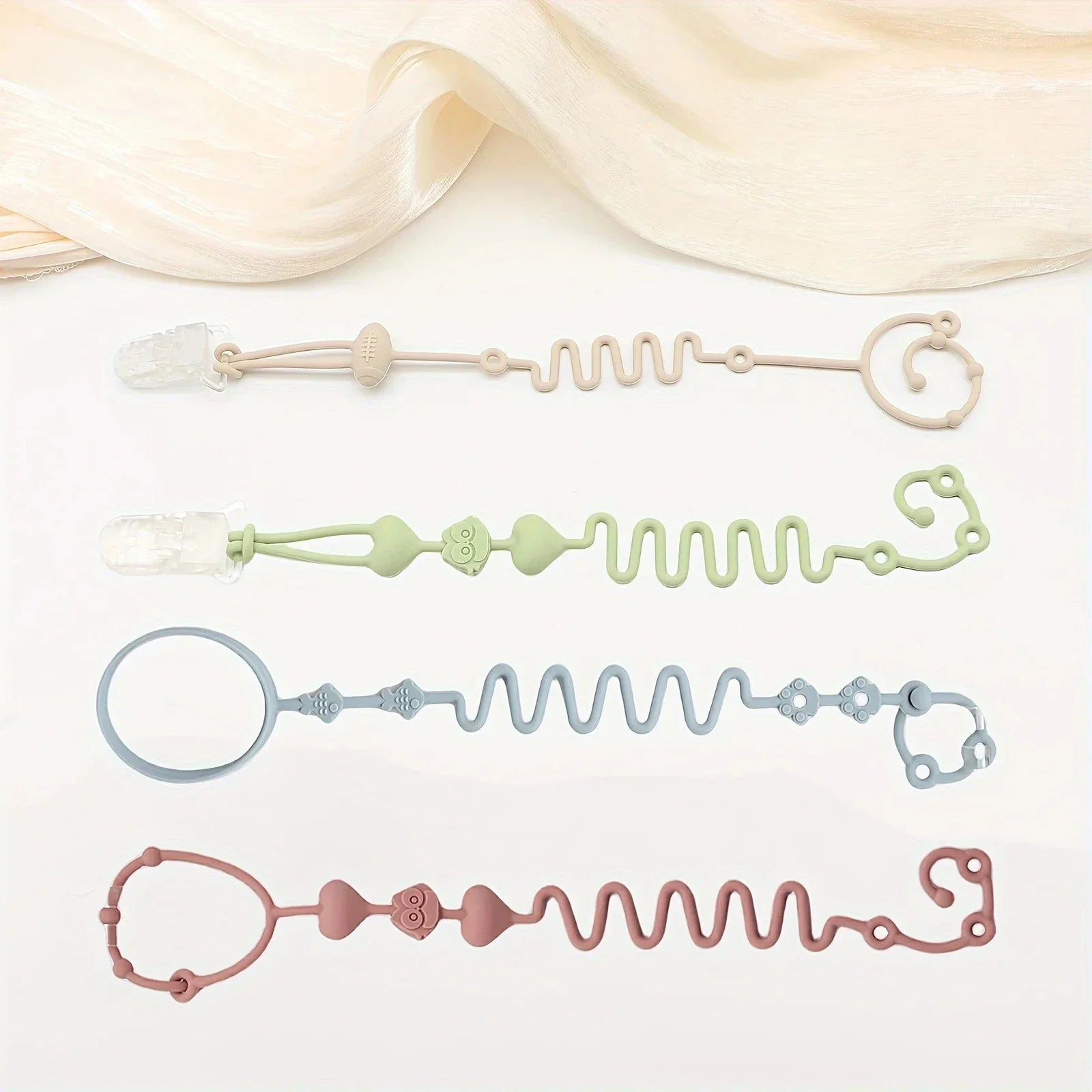 4PCS Adjustable Silicone Pacifier Chain Set | Safe Teether Toys for Baby Crib, High Chair & Gift Set – Beige