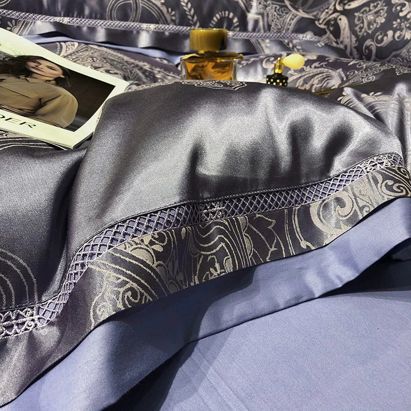 Soft Satin Jacquard Cotton Bedding Set, Luxury Duvet Cover, Blue, Gold, Gray, Queen, King Bed Sheet, Pillowcases, Home Textiles