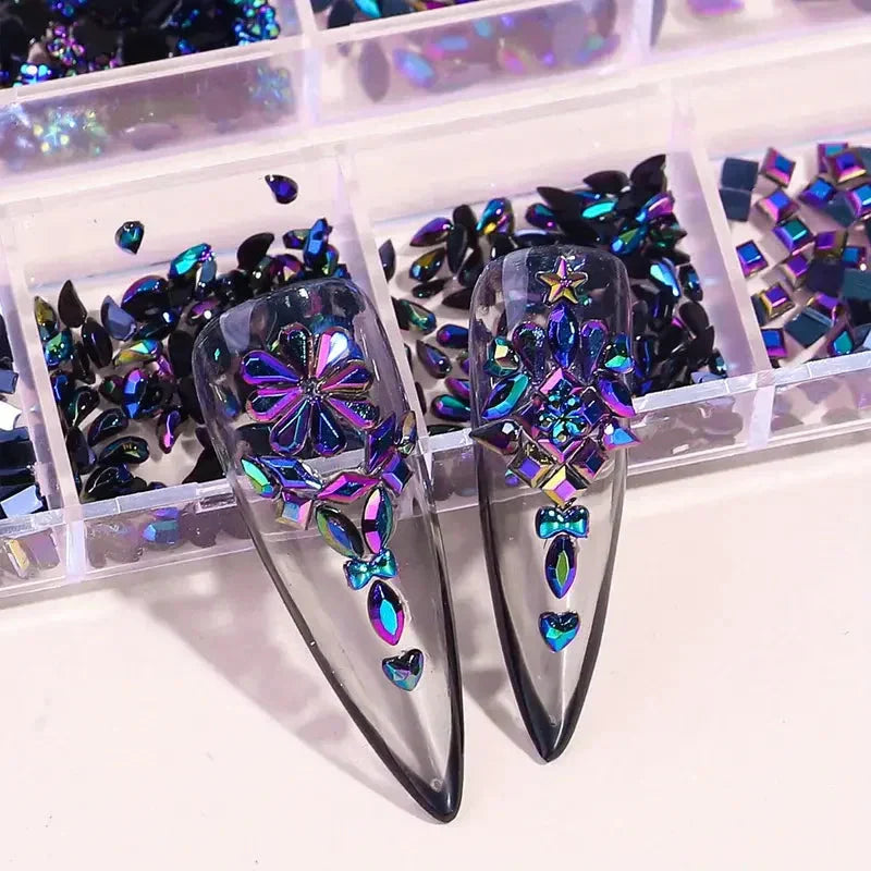 Multi-Shape 3D Flat Bottom Nail Rhinestones - Colorful AB Crystal Gems for DIY Manicure & Crafts