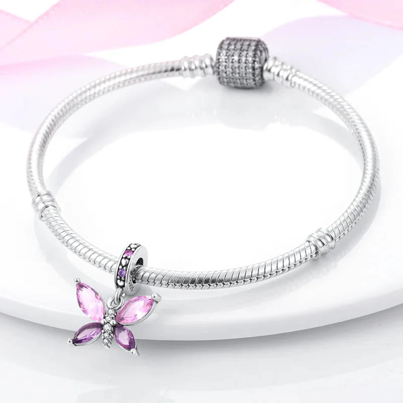 Original 925 Sterling Silver Colorful Butterfly Charms Beads - Fit S925 Bracelet & Necklace, Zircon Accents, Fine DIY Birthday Jewelry Pendant