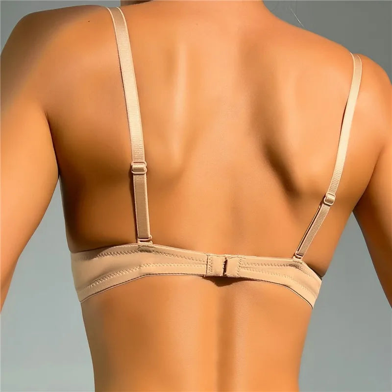 Women Push Up Bra Backless Low Cut Sexy Plunge Brassiere Open Back U-Shape Seamless
