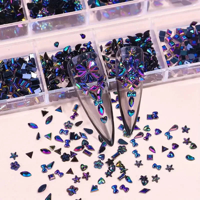 Multi-Shape 3D Flat Bottom Nail Rhinestones - Colorful AB Crystal Gems for DIY Manicure & Crafts