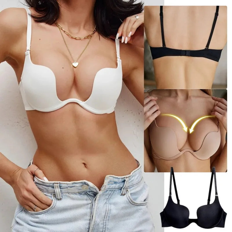 Women Push Up Bra Backless Low Cut Sexy Plunge Brassiere Open Back U-Shape Seamless