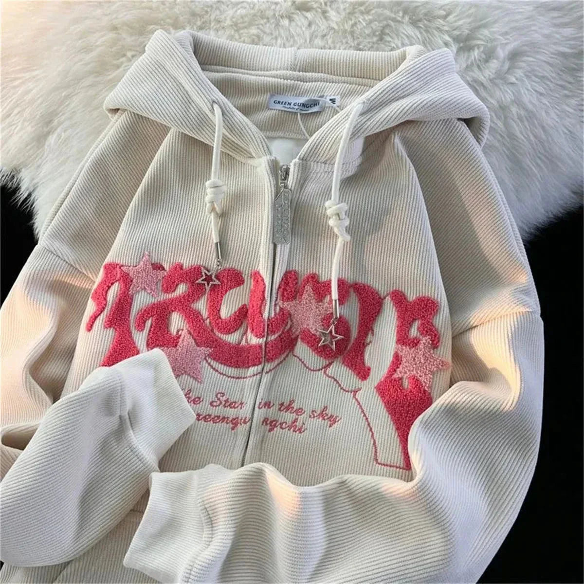 Women’s Y2K Embroidered Zip-Up Hoodie – Fashionable Autumn Long Sleeve Streetwear Top