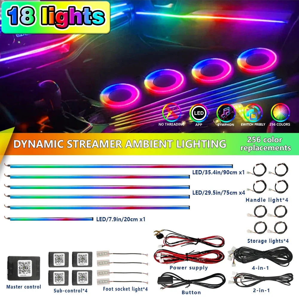 Universal 18-in-1 RGB Car Ambient Light Kit - Full Color App-Controlled Neon Strips
