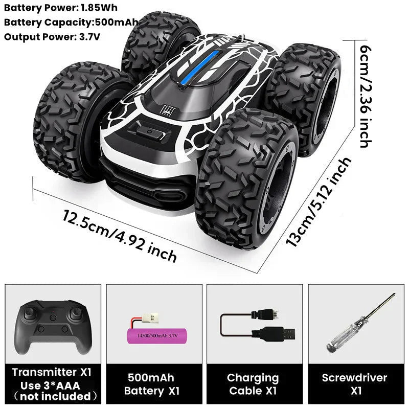 RC Stunt Car with LED Lights - 360° Rotating Double-Sided Remote Control Car for Kids, 2.4GHz, Black