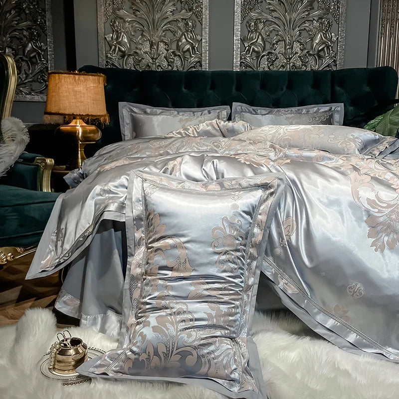 Soft Satin Jacquard Cotton Bedding Set, Luxury Duvet Cover, Blue, Gold, Gray, Queen, King Bed Sheet, Pillowcases, Home Textiles