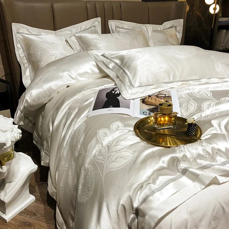 Soft Satin Jacquard Cotton Bedding Set, Luxury Duvet Cover, Blue, Gold, Gray, Queen, King Bed Sheet, Pillowcases, Home Textiles