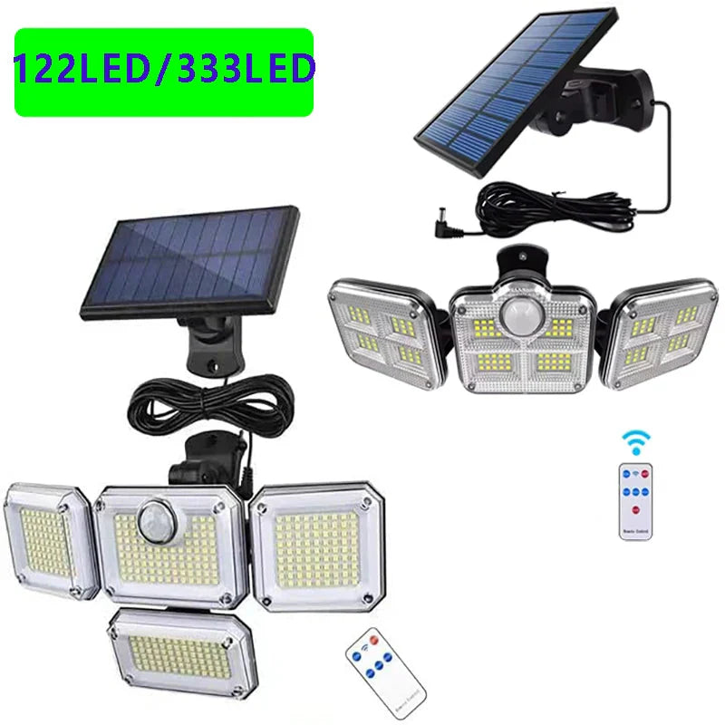4-Head Outdoor Solar Motion Sensor Light – 122 LED Floodlight, 3000 Lumens, 270° Wide-Angle IP65 Waterproof Security Lamp