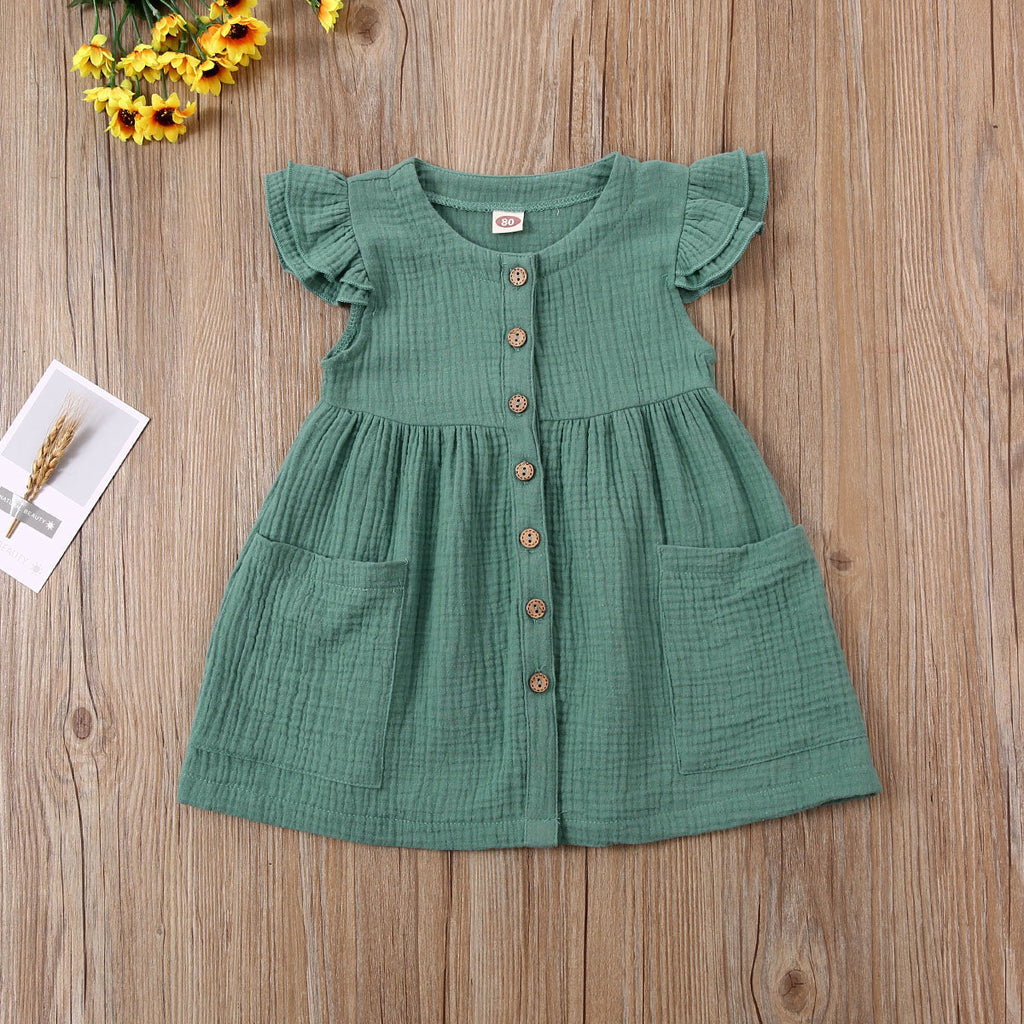 0-6Years Toddler Kid Baby Girl Summer Dress Ruffles Sleeves Cotton Button Pocket Dress Sundress