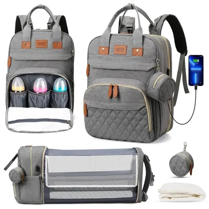 3 in 1 Diaper Bag Backpack with Foldable Baby Bed & USB