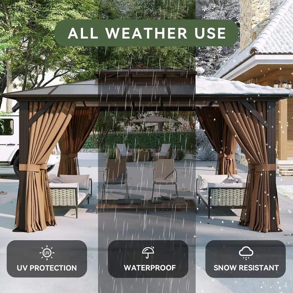 10x12 ft. Outdoor Poly Pavilion with Curtains & Netting, Ideal for Gardens and Patios, Brown
