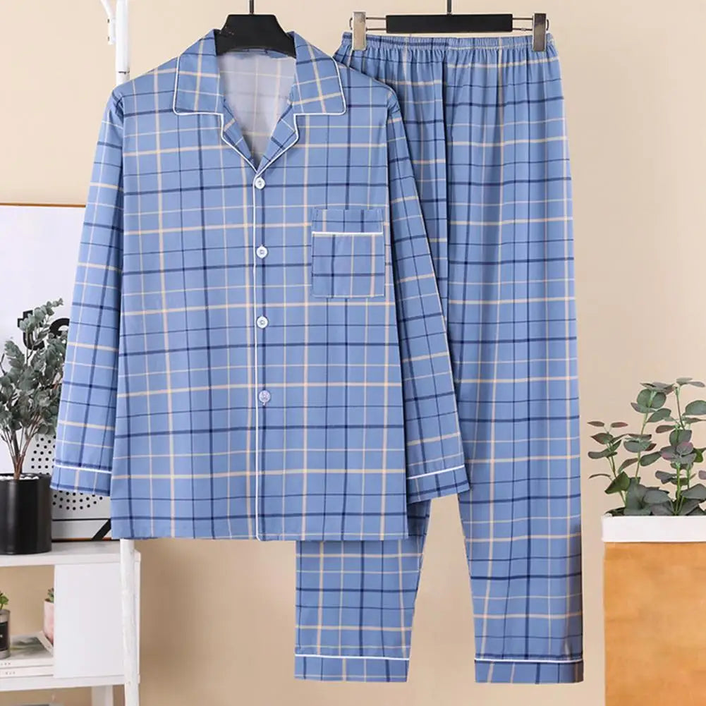 2Pcs Men Pajamas Set Lapel Long Sleeve Single Breasted Tops Elastic Waist Long Pants Comfortable Sleep Set Plaid Print Sleepwear