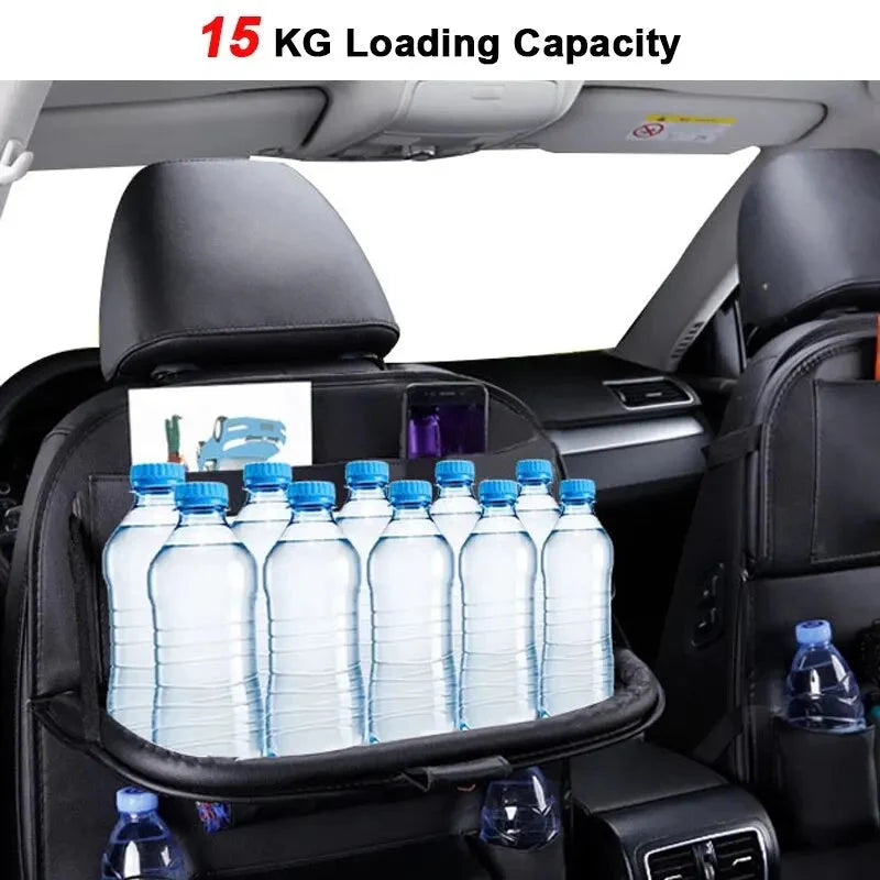 Car Seat Back Organizer with Foldable Table Tray – PU Leather Storage
