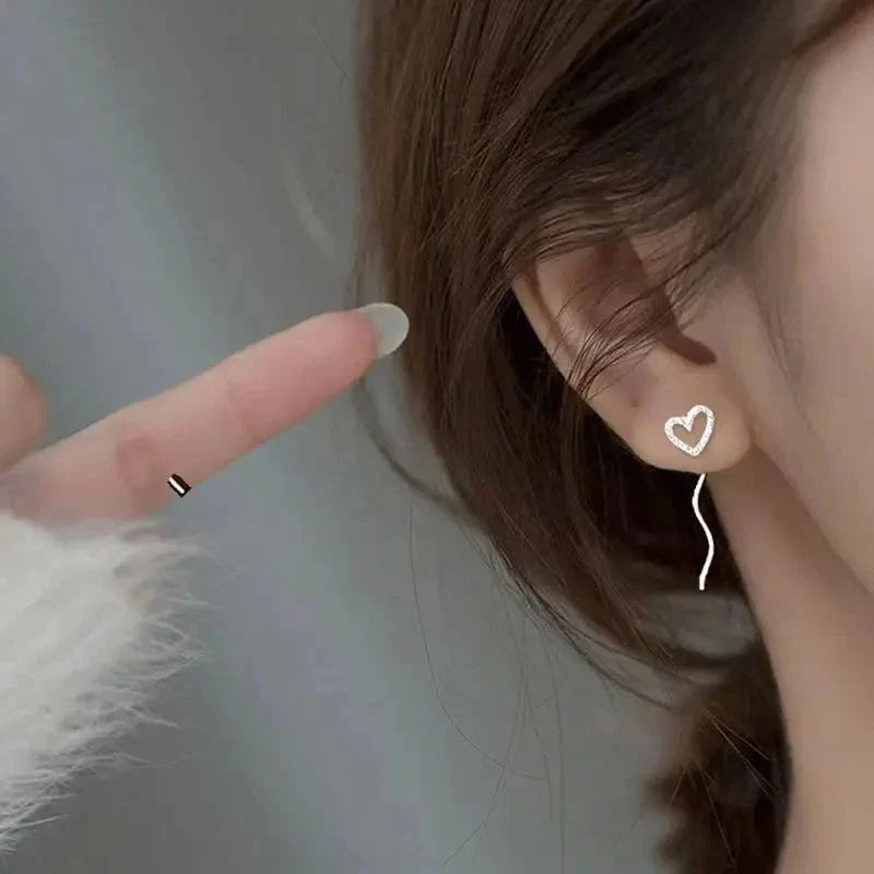 Long Tassel Heart Drop Earrings – Gold & Silver Korean Fashion Jewelry